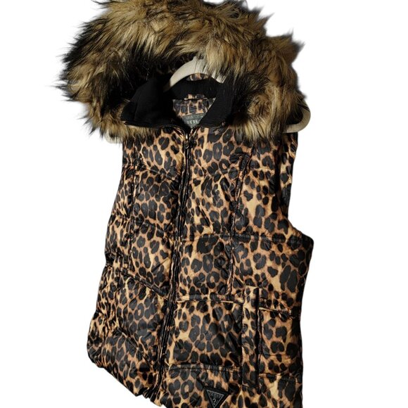 Guess Womens Y2K 2000s Leopard Faux Fur Down Feathers Hooded Puffer Vest Medium - Picture 2 of 12